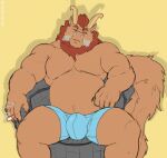  absurd_res anthro barazoku big_bulge blue_clothing blue_underwear bulge chair cigarette clothing dragon fur furniture furred_dragon hi_res holding_object horn looking_at_viewer male mane musclegut muscular muscular_male on_chair simple_background sitting sitting_on_chair slightly_chubby smoke solo spread_legs spreading tail tight_underwear tony_malzone tylerstark underwear white_oyster yellow_background 