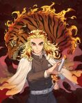  1boy black_jacket blonde_hair cape closed_mouth colored_tips demon_slayer_uniform fiery_hair flame_print floral_background forked_eyebrows hand_up highres holding holding_sword holding_weapon jacket katana kimetsu_no_yaiba leviejzn light_particles long_hair long_sleeves looking_at_viewer male_focus medium_hair multicolored_hair red_background red_eyes red_hair rengoku_kyoujurou sheath shirt smile solo streaked_hair sword tiger unsheathing weapon white_cape white_shirt yellow_eyes 