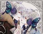  2boys ahoge asuta1102 butterfly_wings facing_another frost_(yume-100) headphones looking_at_viewer magnet_(vocaloid) male_focus multiple_boys open_mouth red_eyes schnee_(yume-100) short_hair smile snowflakes white_background white_hair wings yume_oukoku_to_nemureru_100-nin_no_ouji-sama 