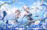  2girls allenerie bangs bare_shoulders blue_eyes blurry blurry_foreground breasts brown_hair closed_eyes detached_sleeves fingerless_gloves flower genshin_impact gloves guizhong_(genshin_impact) highres long_hair madame_ping_(genshin_impact) medium_breasts multiple_girls open_mouth outdoors 