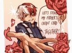  1boy bangs boku_no_hero_academia brown_eyes burn_scar commentary english_commentary english_text fenkko flower hair_between_eyes heterochromia looking_at_viewer male_focus multicolored_hair open_hand reaching_towards_viewer red_flower red_hair red_rose rose scar scar_on_face short_hair simple_background smile solo sparkle split-color_hair todoroki_shouto two-tone_hair upper_body white_hair 