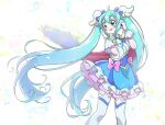  1girl ahoge blue_eyes blue_hair blush bow cape cosplay cure_sky cure_sky_(cosplay) frills gloves hatsune_miku highres hirogaru_sky!_precure long_hair magical_girl pink_bow poma123poma precure smile solo thighhighs twintails two-sided_cape two-sided_fabric very_long_hair vocaloid white_gloves white_thighhighs wing_hair_ornament 