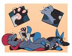  abstract_background absurd_res black_body black_fur blue_body blue_fur bodily_fluids claws close-up crying_laughing duo eyes_closed feet female feral flytermo2 foot_focus foot_on_face fur generation_4_pokemon hand_on_foot hi_res hindpaw humanoid laugh leg_grab looking_away lucario male nintendo on_ground orange_eyes pawpads paws pink_pawpads pokemon pokemon_(species) purple_body purple_fur spread_toes squirming tears teeth_showing tickle_fight tickling tickling_feet toe_wiggle toes tongue touching_foot weavile white_body white_fur wrestling 