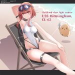  1girl arm_strap azur_lane bangs bare_shoulders beach birmingham_(azur_lane) birmingham_(to_where_the_wind_blows)_(azur_lane) breasts character_name character_request copyright_request english_text goggles goggles_on_head hebitsukai-san manjuu_(azur_lane) medium_breasts medium_hair official_alternate_costume one-piece_swimsuit red_eyes red_hair sand short_hair_with_long_locks swimsuit thigh_strap thighs 