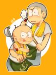  2boys :q apron bald chibita green_apron ladle looking_at_viewer matsuno_karamatsu multiple_boys orange_background osomatsu-kun osomatsu-san shaved_head shirt tears thick_eyebrows tongue tongue_out tsubuta_hiro white_shirt yellow_towel 