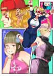  1boy 5girls absurdres alex_(street_fighter) backwards_hat bangs black_hair blonde_hair blue_eyes blue_hair blunt_bangs breasts commentary_request crocs crop_top domino_mask double_bun double_v eye_(mememem) eyes_visible_through_hair facial_mark falke_(street_fighter) frown grin hair_bun hair_over_one_eye halterneck han_juri hat headband highres large_breasts mask medium_breasts multiple_girls pink_headband rainbow_mika red_eyes smile street_fighter street_fighter_v track_suit translation_request v wristband 