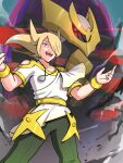  1boy absurdres blonde_hair bracelet clothing_cutout collarbone commentary_request from_below giratina gonzarez green_pants grey_eyes highres jewelry legs_apart long_hair male_focus necklace open_mouth outdoors pants pointy_hair pokemon pokemon_(creature) pokemon_(game) pokemon_legends:_arceus shirt short_sleeves shoulder_cutout spoilers standing teeth tongue twitter_username two_side_up volo_(pokemon) watermark white_shirt 