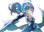  1girl bangs bare_shoulders black_gloves blue_hair breasts bronya_zaychik bronya_zaychik_(herrscher_of_truth) chromatic_aberration dress elbow_gloves floating_hair gloves grey_eyes grey_hair hair_between_eyes halo highres holding holding_weapon honkai_(series) honkai_impact_3rd long_hair looking_at_viewer multicolored_hair natumusumeab parted_lips small_breasts solo two-tone_hair very_long_hair weapon white_background white_dress 