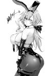  1girl animal_ears ass azur_lane backless_leotard backless_shirt bangs bare_shoulders black_leotard black_necktie black_pantyhose blush bra_strap breasts commentary_request covered_nipples cowboy_shot elbow_gloves fake_animal_ears from_behind gloves hair_between_eyes highres large_breasts leotard leotard_under_clothes long_hair looking_at_viewer low_ponytail metal_gloves monochrome necktie official_alternate_costume oriue_wato pantyhose parted_lips playboy_bunny rabbit_ears reno_(azur_lane) reno_(reno_bunnino)_(azur_lane) shirt side-tie_leotard sideboob sidelocks signature simple_background single_elbow_glove sleeveless standing thigh_strap v white_background wrist_cuffs 