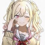  1girl bangs blonde_hair cardigan closed_mouth commentary_request gradient_hair grey_background hand_on_own_face iwawa long_hair long_sleeves miyamasuzaka_girls&#039;_academy_school_uniform multicolored_hair neck_ribbon one_eye_closed pink_eyes pink_hair project_sekai red_ribbon ribbon sailor_collar school_uniform simple_background solo tenma_saki twintails yellow_cardigan 