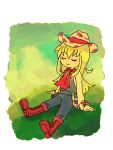  1girl animal_print blonde_hair bokujou_monogatari bokujou_monogatari:_hajimari_no_daichi boots closed_eyes cow_print cowboy_hat denim hat kyuukanchou long_hair long_sleeves outdoors overalls red_footwear rio_(bokujou_monogatari) shirt sitting smile solo white_shirt 