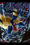  1other closed_mouth commentary_request furry highres legs_apart looking_at_viewer lucario mega_lucario mega_pokemon orange_eyes pokemon pokemon_(creature) skarameru solo spikes yellow_fur 