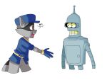  2022 anthro bender_bending_rodr&iacute;guez clothing comedy_central crossover duo english_text eye_contact futurama gloves handwear hat headgear headwear hi_res indi_lena looking_at_another machine male mammal mask open_mouth open_smile procyonid raccoon robot simple_background sly_cooper sly_cooper_(series) smile sony_corporation sony_interactive_entertainment sucker_punch_productions text white_background 