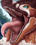  4:5 absurd_res ambiguous_gender blue_eyes blurred_background bodily_fluids brown_body brown_fur fur glistening glistening_eyes hi_res mouth_shot neck_tuft open_mouth orange_body orange_fur pupils red_tongue roobin saliva saliva_on_tongue saliva_string shaded sharp_teeth slit_pupils soft_shading solo species_request teeth tongue tuft white_body white_fur 