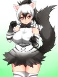  1girl aardwolf_(kemono_friends) aardwolf_ears aardwolf_girl aardwolf_print aardwolf_tail alternate_costume animal_ears animal_print bangs bare_shoulders black_bow black_bowtie black_hair bow bowtie breast_pocket breasts closed_mouth cowboy_shot elbow_gloves furrowed_brow gloves gradient_background hair_between_eyes hands_up high-waist_skirt high_ponytail highres isna_(footprintsofisna) kemono_friends large_breasts legs_together looking_at_viewer miniskirt multicolored_hair parted_bangs paw_pose pocket ponytail print_gloves print_scarf print_skirt print_thighhighs scarf shirt skindentation skirt sleeveless sleeveless_shirt solo tail thighhighs two-tone_hair white_hair white_shirt yellow_eyes zettai_ryouiki 