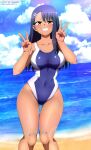  1girl ass_visible_through_thighs beach black_hair blue_one-piece_swimsuit blue_sky breasts brown_eyes cloud collarbone commentary competition_swimsuit covered_navel dark-skinned_female dark_skin day deviantart_logo deviantart_username double_v earclip english_commentary feet_out_of_frame grin highres horizon iharuluna ijiranaide_nagatoro-san large_breasts long_hair nagatoro_hayase ocean one-piece_swimsuit outdoors sky smile solo standing swimsuit tan twitter_logo twitter_username two-tone_swimsuit v 