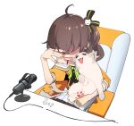  1girl ahoge bad_kim bangs brown_hair cable cat cat_hair_ornament chair covering_face gaming_chair hair_ornament hair_over_eyes hololive microphone natsuiro_matsuri ribbon side_ponytail simple_background tail tail_wagging virtual_youtuber 