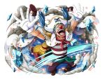  2boys bicorne black_hair boots buggy_the_clown clown_nose gloves hat ice monkey_d._luffy multiple_boys official_art one_piece one_piece_treasure_cruise open_mouth pants purple_pants red_shorts shirt shorts straw_hat striped striped_shirt teeth white_gloves yellow_shirt 