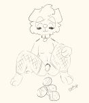  anthro blush canid canine canis cerealbowlsystem clothing collar domestic_dog egg fishnet fishnet_legwear floppy_ears genitals hi_res holding_leg jaffa_cake_(cerealbowlsystem) legwear male mammal oviposition pussy solo 