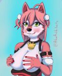  alexandliberty anthro bell bell_collar breast_squish breasts chipmunk collar exposed_breasts female fur green_eyes ground_squirrel hair hand_on_breast hi_res hololive licking licking_lips licking_own_lips mammal pink_body pink_fur pink_hair rodent sakura_miko sciurid solo solo_focus squish teeth_showing tongue tongue_out virtual_youtuber vtuber 