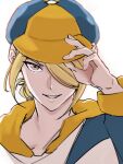  1boy blonde_hair brown_eyes commentary_request fur-trimmed_jumpsuit grin hair_over_one_eye hand_on_headwear hand_up haruto_irasuto jumpsuit long_sleeves looking_at_viewer male_focus pokemon pokemon_(game) pokemon_legends:_arceus simple_background smile solo teeth upper_body volo_(pokemon) white_background 