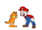  2022 anthro clothing crossover duo eye_contact felid feline footwear garfield_(series) garfield_the_cat gloves half-closed_eyes handwear hi_res human indi_lena looking_at_another male mammal mario mario_bros narrowed_eyes nintendo open_mouth simple_background white_background 