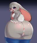  &lt;3 &lt;3_eyes 0227 2023 anthro anus blush bodily_fluids bottomwear bottomwear_down breasts butt clothed clothing disney female fur genitals grey_background grey_body grey_fur hand_on_butt hi_res judy_hopps lagomorph leporid looking_at_viewer looking_back looking_back_at_viewer mammal pants pants_down partially_clothed presenting presenting_hindquarters presenting_pussy purple_eyes pussy rabbit simple_background solo sweat tongue tongue_out zootopia 