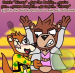  2023 anthro bear big_pin blush bottomless brown_body brown_fur clothed clothing dialogue digital_media_(artwork) drunk duo embrace english_text frederick_mchutchenson funktronic_labs fur hug lan_llama male mammal missing_eye mustelid otter pink_clothing pink_shirt pink_topwear shirt substance_intoxication tail text topwear wave_break_(game) 