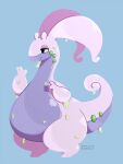  2019 ambiguous_gender anthro belly curled_tail dogfluid ear_markings eyeshadow generation_6_pokemon goo_creature goodra green_body green_eyes green_tail hi_res long_ears makeup markings mote-of-ash multicolored_body multicolored_tail nintendo pokemon pokemon_(species) purple_body purple_tail signature slightly_chubby slime smile solo tail tail_markings two_tone_body two_tone_tail white_body white_tail 