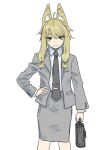  1girl animal_ears bags_under_eyes bangs black_necktie blonde_hair briefcase brown_eyes closed_mouth collared_shirt fox_ears fox_girl grey_jacket grey_skirt hand_on_hip holding jacket long_sleeves looking_at_viewer necktie nito_(nshtntr) open_clothes open_jacket original pencil_skirt shirt short_hair_with_long_locks simple_background skirt solo white_background white_shirt 