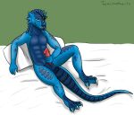  anthro blue_body dragon dragonborn_(dnd) dungeons_and_dragons ear_piercing eye_patch eyewear genitals hasbro male masturbation penis piercing scales scalie solo tau thehatredburrito wizards_of_the_coast 