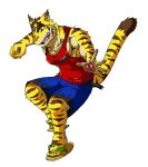  2015 action_pose anthro blue_bottomwear blue_clothing blue_eyes blue_shorts bottomwear brown_stripes clothing colored countershade_face countershade_torso countershading felid footwear fur kotobuki529 male mammal morenatsu multicolored_body multicolored_fur muscular muscular_anthro muscular_male pantherine pose red_clothing red_shirt red_tank_top red_topwear sandals shirt shorts simple_background solo striped_body striped_fur stripes tan_body tan_fur tank_top tiger topwear torahiko_(morenatsu) white_background yellow_body yellow_fur 