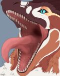  4:5 absurd_res ambiguous_gender blue_background blue_eyes brown_body brown_fur flat_colors fur glistening glistening_eyes hi_res mouth_shot neck_tuft open_mouth orange_body orange_fur pupils red_tongue roobin sharp_teeth simple_background slit_pupils solo species_request teeth tongue tuft white_body white_fur 