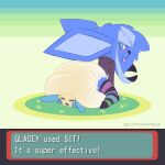  1:1 absurd_res ambiguous_gender anthro asymmetrical_hair big_diaper blue_body blue_hair blush bodily_fluids butt chibi clothed clothing diaper diaper_fetish diaper_fur diaperfurry duo eeveelution english_text floppyearfreak gameplay_mechanics generation_3_pokemon generation_4_pokemon genital_fluids glaceon gui hair hi_res hoodie huge_diaper hyper_wetting infantilism kc_(kingcrazy) kingcrazy leggings legwear long_ears looking_back male_(lore) minun nintendo pokemon pokemon_(species) short_stack simple_background sitting sitting_on_another size_difference smile soaked_diaper soggy_diaper teal_eyes text tongue tongue_out topwear urine watersports wearing_diaper wet_diaper wetting wide_hips 