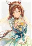  1girl animal_ears bangs bouquet brown_hair commentary_request dress fine_motion_(titania)_(umamusume) fine_motion_(umamusume) flower hair_between_eyes highres horse_ears horse_girl horse_tail looking_at_viewer multicolored_hair object_hug pink_flower pink_rose rose sidelocks solo tail tiara two-tone_hair umamusume veil wedding_dress white_dress white_flower white_hair white_rose yellow_eyes yellow_flower yellow_rose yoshiaki_(yosiaki_ml) 