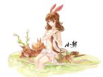  1girl animal_ears animal_on_lap artist_request bare_legs blush camisole closed_mouth deer douluo_dalu flower_basket grass hand_in_own_hair highres on_lap rabbit rabbit_ears ribbon second-party_source sitting sleeping squirrel water white_background white_camisole xiao_wu_(douluo_dalu) 