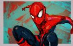  1boy animal_print blue_bodysuit bodysuit highres hiranko knees_up looking_at_viewer male_focus marvel mask red_bodysuit solo spider-man spider-man_(series) spider_print spider_web_print superhero 