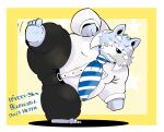  2023 absurd_res anthro blue_body bottomwear canid canine canis clothing domestic_dog facial_hair feet hi_res japanese_text kemono m2vcjtad5hsdvla male mammal mature_male mustache overweight overweight_male pants shirt solo text topwear 