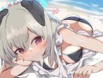  1girl absurdres animal_ears apron ass beach bikini blue_archive blurry blurry_background breasts commentary_request dog_ears grey_hair halo heart highres kawa_mura long_hair medium_breasts ocean pov smile solo solo_focus swimsuit umika_(blue_archive) 