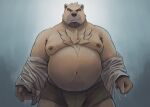  2023 absurd_res anthro bear belly big_belly bodily_fluids bulge clothed clothing hi_res humanoid_hands kemono male mammal moobs navel nipples open_clothing open_shirt open_topwear overweight overweight_male shirt solo sweat topwear underwear zcdartz 