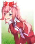  1girl agnes_digital_(umamusume) blue_eyes blush bow commentary_request drooling hair_bobbles hair_bow hair_ornament highres horse_girl jacket long_hair long_sleeves open_mouth pink_hair red_bow red_jacket red_shorts red_track_suit shorts solo thin_(suzuneya) track_jacket track_suit turtleneck twintails umamusume 