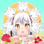  1girl ahoge animal blush bow clenched_hands fang floral_background flower gokotai_yoshimitsu hair_bow hand_up happy_new_year highres open_mouth patterned_background shouji_ayumu tenka_hyakken tiger tiger_cub twintails white_hair yellow_eyes 