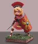 1girl 3d armor bangs blonde_hair borrowed_character brown_eyes centurii-chan english_commentary gauntlets gladius grass highres holding holding_shield holding_sword holding_weapon medium_hair miniature original plume red_robe robe roman_clothes shield simple_background soldier solo sword thegreatpipmax weapon 