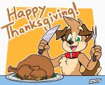  anthro avian bird brown_body brown_fur brown_nose canid canine canis collar cutlery domestic_dog eating english_text fenn_(ziggy_fox) fork fur galliform green_eyes herbs hi_res holidays kitchen_utensils knife lemon male mammal open_mouth phasianid plate smile solo tan_body tan_fur teeth_showing text thanksgiving tongue_showing tools turkey ziggy_fox 