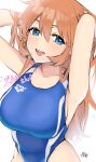  1girl arms_up bangs blue_eyes blue_one-piece_swimsuit blush breasts charlotte_e._yeager commentary_request commission emirio_(emirio110) hair_between_eyes hands_in_hair highres large_breasts long_hair looking_at_viewer one-piece_swimsuit orange_hair parted_lips simple_background skeb_commission solo strike_witches swimsuit third-party_source very_long_hair wet white_background world_witches_series 
