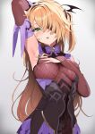  1girl absurdres armpits bangs blonde_hair blush bodysuit bow breasts bridal_gauntlets brown_sleeves fischl_(genshin_impact) genshin_impact gloves green_eyes hair_over_one_eye highres large_breasts long_hair looking_at_viewer one_eye_covered open_mouth pomesaurus purple_bow solo teeth twintails upper_teeth_only 