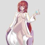  1girl absurdres barefoot breasts chinese_commentary closed_mouth convenient_leg crossed_legs crystal expressionless feet foot_out_of_frame glowing grey_background highres holding labcoat large_breasts long_hair long_sleeves looking_up mon-musu_quest! naked_labcoat promestein red_eyes red_hair simple_background sitting solo toes very_long_hair xzmdsl 
