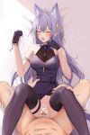  1boy 1girl absurdres animal_ears arknights bangs bar_censor bare_shoulders blush braid censored chinese_commentary closed_eyes commentary_request cum cum_in_pussy gloves hetero highres long_hair looking_at_viewer lying missionary on_back open_mouth penis provence_(arknights) purple_gloves purple_hair purple_thighhighs ru_zhai sex solo solo_focus tail thigh_strap thighhighs thighs torso_grab vaginal 