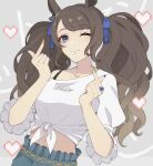  1girl ;) animal_ears bangs blue_bow blue_nails bow breasts brown_hair closed_mouth collarbone commentary_request finger_heart grey_background grey_eyes grey_skirt hair_bow heart horse_ears liu_xiaolu long_hair looking_at_viewer medium_breasts midriff multicolored_nails nail_polish navel off_shoulder one_eye_closed pixelated puffy_short_sleeves puffy_sleeves shirt short_sleeves skirt smile solo tied_shirt tosen_jordan_(umamusume) twintails umamusume very_long_hair white_shirt yellow_nails 