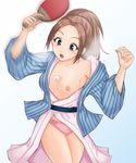  bakuman ball bath_yukata between_breasts blue_kimono blush breast_slip breasts brown_eyes brown_hair covered_nipples hamu_agaki holding japanese_clothes kimono miyoshi_kaya motion_blur nipples one_breast_out open_mouth paddle panties pink_kimono pink_panties small_breasts solo sweat table_tennis table_tennis_paddle underwear wardrobe_malfunction yukata 